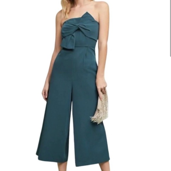Anthropologie Pants - Anthropologie Hailee C Green Bow Front Wide Leg Strapless Jumpsuit - 2